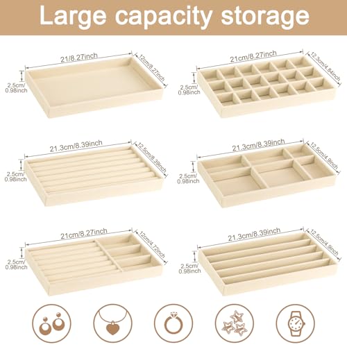 12Pcs Velvet Stackable Jewelry Trays, Jewelry Drawer Organizer, Large Removable Display Jewelry Tray, Necklace Bracelet Storage Box for Earring, Ring, Brooch, Watch (Beige) - color: Beige