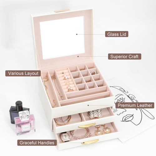 Jewelry Organizer Box with Glass Lid, Women Jewelry Box White Jewelry Case 3-Layer with 2 Drawers, Jewelry Organizer Jewelry Box, Glass Lid White - color: A Glass Lid White