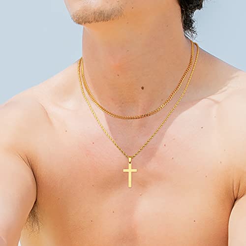 LUXEJEW Cross Necklace for Men Boys - Gold Silver Black Stainless Steel Cross Pendant Necklaces Layered Cuban Link Chain Necklace Jewelry Gifts 16 18 20 22 24 Inches - color: Silver, size: 18in/20in, style: Style B-Small Pendant-Buckle