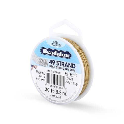 Beadalon 49 Strand Bead Stringing Wire, .024 in / 0.61 mm, Gold Color, 30 ft / 9.2 m - color: Gold Color, style: .024 in / 0.61 mm, 30 ft / 9.2 m