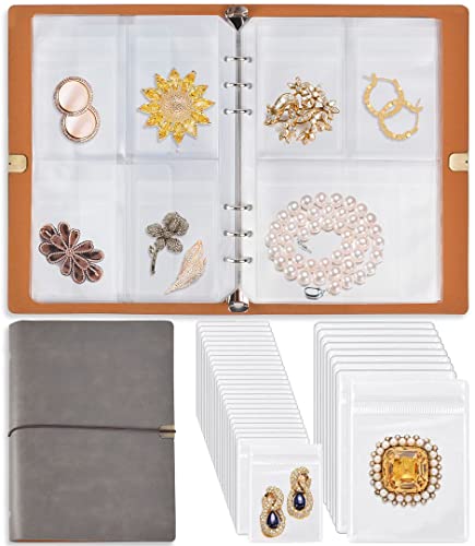 ChezMax Jewelry Organizer, Jewelry Storage Book with Pockets, Foldable Earrings Travel Album, PU Leather Accessories Holder Booklet for Necklace Rings (64 Grids+64 Anti-Oxidation PVC Bags) Grey - color: B-Grey