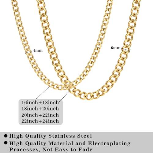 2PCS Cuban Link Chain Set for Men - Gold/Silver Plated Stainless Steel Layered Chain Necklace Non-Tarnish Jewelry Gift 16"/18", 18"/20", 20"/22", 22"/24" - color: Gold Chain, size: 18inch+20inch