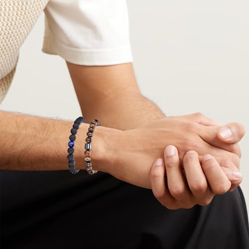 RANKEEF Tiger Eye Bracelet For Men 8MM Natural Stone Stretch Adjustable Black Crystal Beaded Bracelet for Men Women Gifts - color: 2,lava rock,tiger eye bracelet