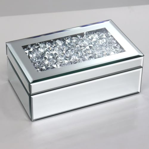 QMDECOR Luxury Silver Crushed Diamond Glass Mirrored Jewelry Organizer Box Storage - color: silver diamond