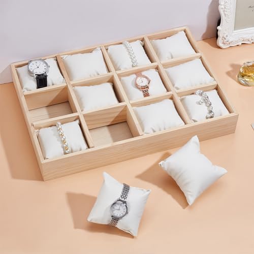 PH PandaHall 12 Slot Wooden Watch Organizer Tray Display Holder with Removable PU Leather Pillows, Stackable Jewelry Bracelet Storage Tray for Drawer Watch Display Showcase, White - color: White