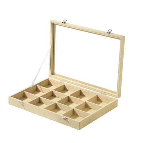Coward Jewelry Organizer Box, Yellow Linen 12 Grids Bracelet Bangle Necklace Jewelry Display Tray Case with Transparent Glass Lid for Home Drawer Desk or Store Selling Show - color: Yellow Linen, size: 12Grids Box