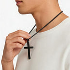 Cross Necklace for Men Silver Premium Alloy Solid Color Cross Pendant Necklace for Men Women Teens - color: Black-Stainless Steel-20inch
