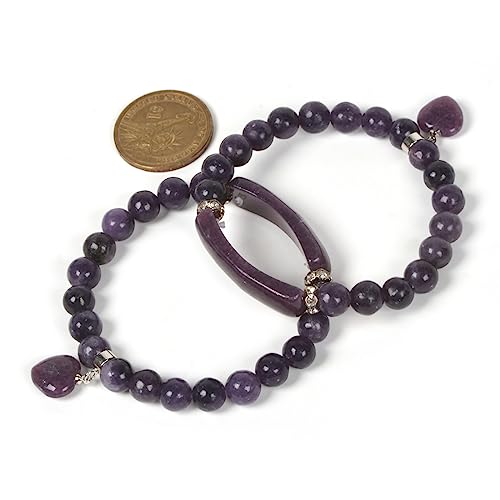 Justinstones Gem Semi Precious Gemstone Love Heart Charm Stretch Beaded Bracelet Unisex - color: Lepidolite Lithium Mica