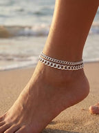 Tewiky Waterproof Ankle Bracelets for Women,Chunky Layered Gold Anklet for Women Non Tarnish Adjustable Cuban Set Stackable Summer Beach Jewelry Gift - color: silver