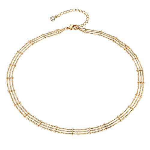 MEVECCO Dainty Gold Chain Choker Necklace 14K Gold Plated Handmade Boho Cute Tiny Beaded Link Choker Necklace Delicate Simple Minimalist Choker Necklace for Women - style: Three Layered Bead Chain GD