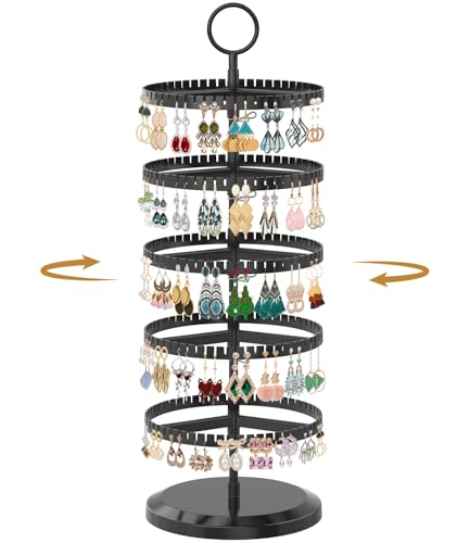 MODOWEY 5 Tier Rotating Earring Holder Organizer, Adjustable Metal and Plastic Stand Tree with 285 Grooves for Stud Hoop Pierced Dangle Display, Decluttered, Space-Saving Storage Rack for Women, Black - color: Glossy Black