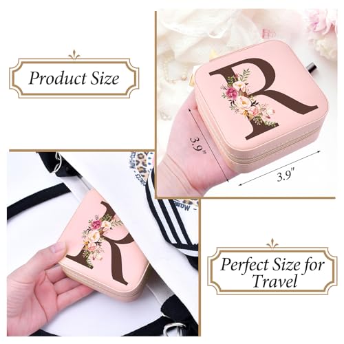 Inngeroo Small Travel Jewelry Case for Girls Women, Travel Jewelry Box Organizer Personalized Pink Gifts for Wife Mom, Gift for Friend Sister Grandma Aunt, Initial R - style: R