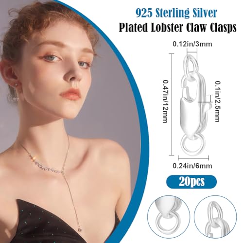 Beebeecraft 1 Box 20Pcs Lobster Claw Clasps 925 Sterling Silver Plated Brass Jewelry Lobster Clasp with Jump Ring for Bracelets Necklace Jewellery Making (12x6x2.5mm) - color: Silver, size: 12x6x2.5mm