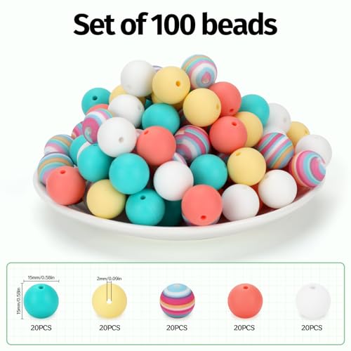 100 Pcs 15mm Silicone Beads for Keychain Making, Pink Gream Silicone Beads Bulk Round for Bracelets Pens Crafts Jewelry Making (Rainbow) - color: Rainbow