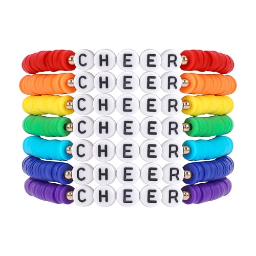 Rainbow Heishi Surfer Bracelets Set for Women Stackable Clay Beaded Bracelets Disc Stretch Preppy Bracelets Layering Colorful Friendship Bracelets Team Cheer Bulk Boho Summer Beach Jewelry Gift - style: CHEER