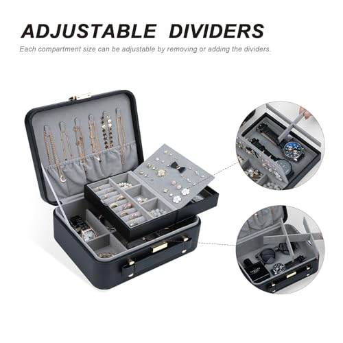 Large Jewelry Travel Organizer, 2 Layers Jewelry Box with Tray Black - color: Fashion Black