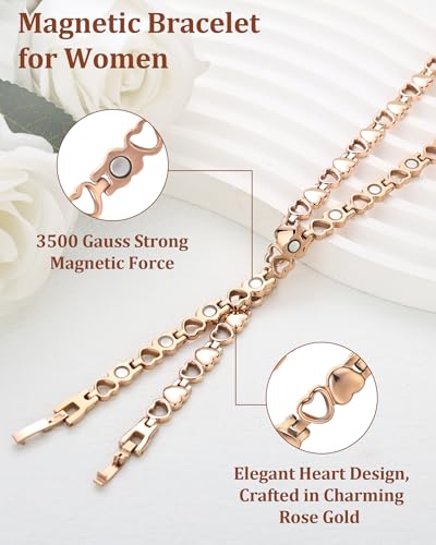BioMag Magnetic Bracelet for Women, Titanium Steel Wristband Brazaletes for Pain Relief Solid Pure Copper Jewelry Gift with Adjustable Tool - color: Rose Gold