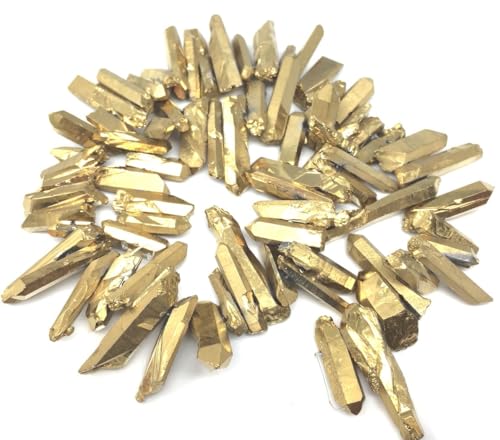 Adabele 15 Inch Natural Raw Healing Crystal Quartz Gemstone Loose Beads Small Drilled 15 Inch Gold Titanium Coated Chakra Gem Stone Drop Stick GA3 - color: Gold, size: Small Size (15 Inch/1 Strand)