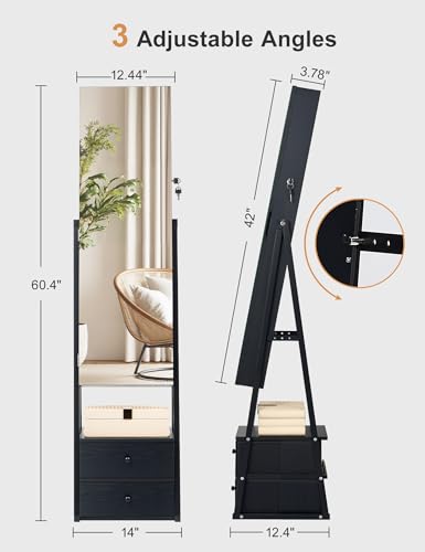 Nicetree Mirror Jewelry Cabinet Standing, Lockable Jewelry Cabinet Armoire with 2 Drawers, Full Length Mirror with Jewelry Storage, Christmas Gifts, Black - color: Black