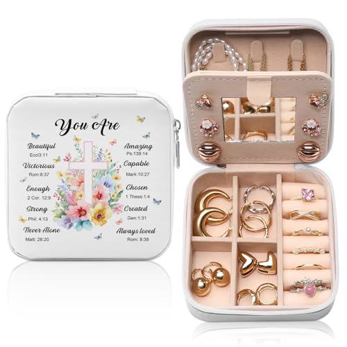 GAOLZIUY Christian Bible Verse Travel Jewelry Box, Baptism Religious Faith Spiritual Inspirational Gifts for Women Teen Girls, Flowers Portable Jewelry Organizer Storage Case - color: Christian - 02