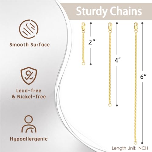 Gold Necklace Extenders for Women, Durable Necklace Extender Sterling Silver for Bracelet & Anklet, Adjustable & Hypoallergenic, Set of 3 Extension Chains (2+4+6 inch | Gold) - color: Gold