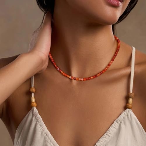 Crystal Choker Necklaces for Women,4mm Handmade Natural Stone Choker Beaded Necklace Healing Crystal Necklace Gemstone Bead Necklaces for Women - color: Carnelian
