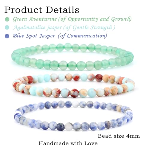 2/3-Pieces 4mm 6mm 8mm Natural Crystal Gemstone – Handmade Reiki Energy Healing Stretch Bracelets Jewelry for Yoga, Meditation, Unisex - color: 3 Pieces (AgalmatoliteJasper&BlueSpot&GreenAventurine), size: 4mm