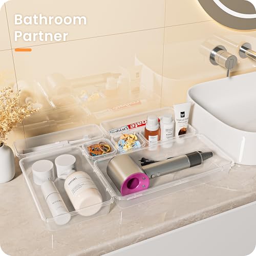 【Military Grade】A-LuGei Drawer Organizer,【𝟱𝗦𝗶𝘇𝗲】Makeup organizer,【Holds 177 Items】Bathroom Organizers and Storage,Organization and Storage,Desk Drawer Organizer for Vanity【Clear】