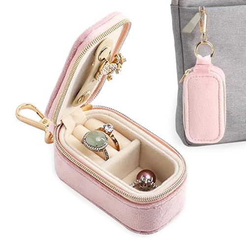 FCGOD Velvet Mini Travel Jewelry Case - 2-in-1 Ring Holder Keychain for Women, Portable Clutch Organizer for Earrings/Necklace, Wedding Party & Vacation Daily Storage Bag Gift for Her (Pink) - color: Pink