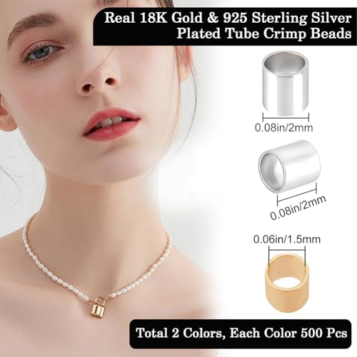Beebeecraft 1000Pcs 2 Colors Tube Crimp Beads 18K Gold & 925 Sterling Silver Plated Brass Stopper Crimping Bead Column Positioning Beads for Jewelry Making DIY Crafts Findings, Tiny 2x2mm - color: Gold & Silver
