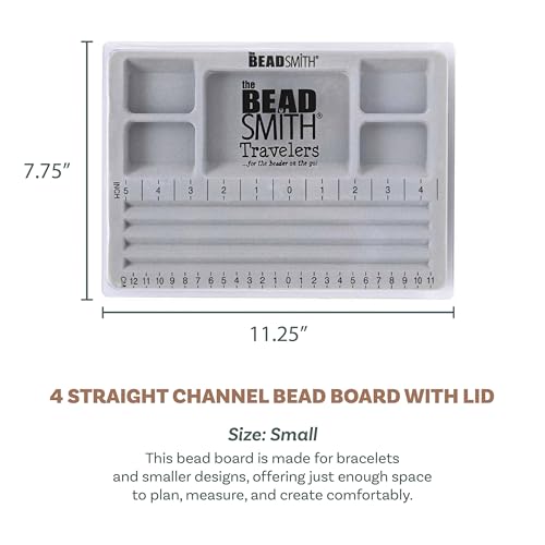 The Beadsmith Mini Bead Board - Grey Flocked, 4 Straight Channels, 5 Recessed Compartments, 7.75 x 11.25 inches, Design Boards for Creating Bracelets, Necklaces and Other Jewelry - size: 4 Straight Channel w/ Cover
