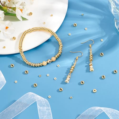 PH PandaHall 200pcs 18K Gold Spacer Beads 5 Styles Metal Heishi Beads Flat Round Spacer Beads Disc Beads Long-Lasting Loose Beads for Surfer Stackable Necklace Layered Bracelet Jewelry Making 3/5mm