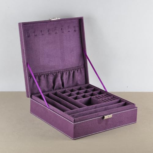 Jewelry Boxes 10 x 10 Inches 2-layer Handle Necklace Holder Organizer Jewellery Women Rings Storage Display Girls Earrings Case Lockable Jewelry Tray GY641 (Purple) - color: Purple