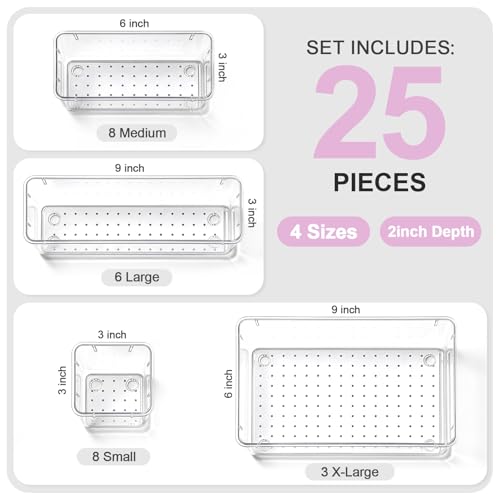 25 Pcs Makeup Drawer Organizer Set, 4 Sizes Versatile Bathroom and Vanity Drawer Organizer for Makeup, Non-Slip Desk Organizer Trays for Bedroom, Office, Fits Jewelry and Office Supplies - size: 25Pack