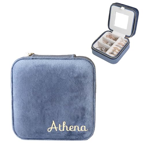 Customizable Compact Velvet Jewelry Box with Mirror, Travel Jewelry Case, Travel Jewelry Organizer, Jewelry Box for Women and Girls, Small Jewelry Organizer (Bottom Right Text, Coral Blue) - color: Coral Blue, size: Bottom Right Text Only