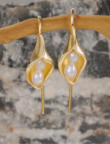 Mameloly Flower Earrings for Women Dainty 14K Gold Plated White Freshwater Pearl Stud Earrings Hypoallergenic - color: Calla Lily