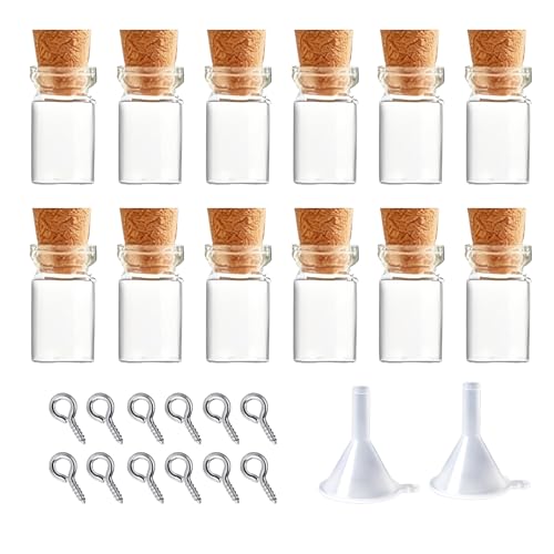 12 Sets Mini Glass Bottles with Cork Tiny Vials and Jars Miniature Bottle Charms with Eye Screws and Small Funnel Small Necklace Jar Accessories and DIY Keychain Craft Supplies(1ml)