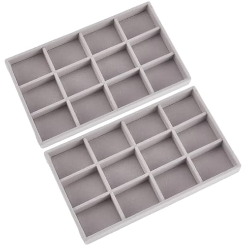 2Pcs 5 x 8.3 Inch Velvet Jewelry Trays Stackable Jewelry Organizer Removable Divider 12 Grids Divided Gray Necklace Storage Container Box Dresser Drawer Case for Earring Ring Display Showcase - style: 12 Grids
