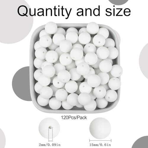 MAIBAOTA 120 Pcs White Silicone Beads - 15 mm Round Beads for Keychain, Pens, Bracelet, Necklace Making - Bulk Craft Kit - color: White