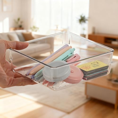 6 Pcs Large Clear Plastic Drawer Organizers Tray 6" x 6" Storage Bins with 25 Pcs Non-Slip Pads for Makeup, Jewelries, Kitchen Utensils, Bathroom and Office - size: 6"x6"