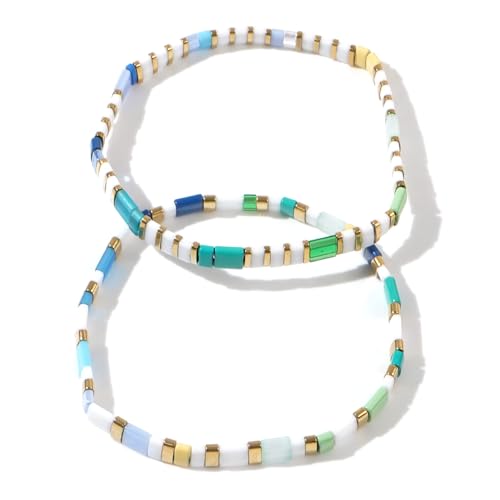 Tila Flat Beaded Bracelet for Women,Bohemian Colorful Stretch Square Glass Bead Elastic Layred Bracelet Stack, Handmade Boho Trendy Holiday Jewelry Accessories Friendship Gift - color: White Green