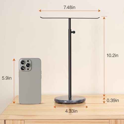 Black Necklace Holder Jewelry Organizer Stand – Adjustable Height T‑Bar Jewelry Display with Dark Gray Marble Base, Necklace & Bracelet Holder, Countertop Jewelry Rack - color: Black