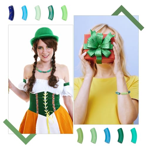 PH PandaHall 100pcs Acrylic Curved Tube Beads, 10 Style 35mm Opaque Chunk Spacer Beads Spring Summer Long Tube Noodle Slide Beads for St. Patrick’s Bracelet Necklace Jewelry Making - color: Green