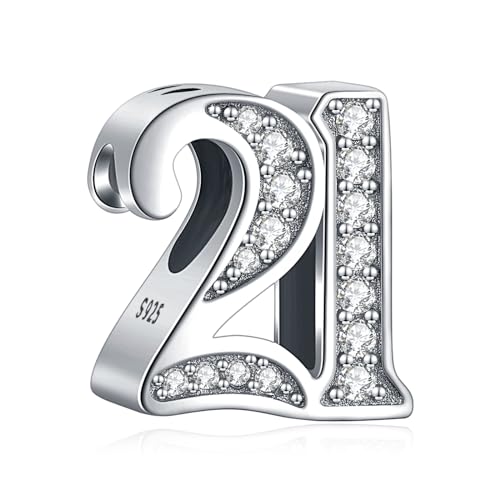Mothers Day Birthday Number Love Family Friendship Graduation Auntie Grandma Dad Mom Charms for Pandora Bracelets Necklaces, Gifts Women, for Anniversary Valentines Christmas - style: Number 21 Charm Silver