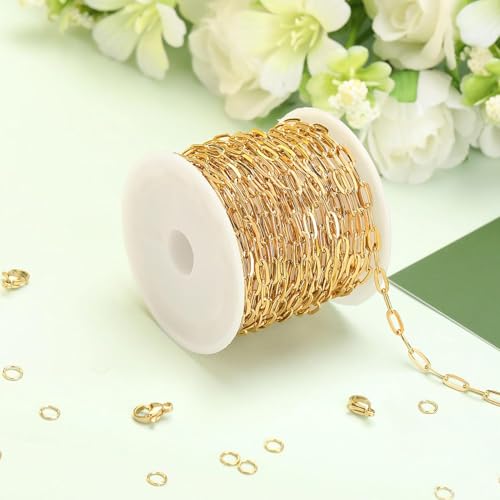 SMYHTGLIF 5 Meters Gold Stainless Steel Chain for Jewelry Making Paperclip Cable Craft Jewelry Making Chains Necklace Bracelet Jewelry Chain Findings - color: Gold, size: 3×7.5mm