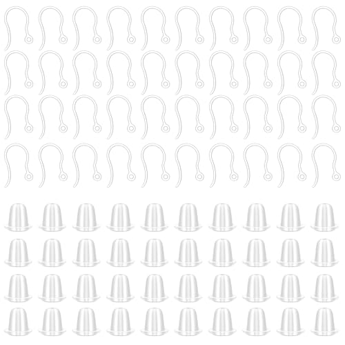 100 PCS Clear Plastic Earring Hooks, Anti Allergy Ear Wire Plastic Earrings with 100 Earrings Backs, Clear French Earring Hooks for Jewelry Making DIY for Sensitive Ears