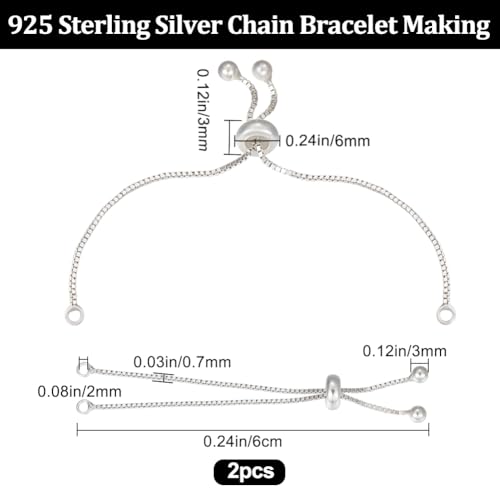 Beebeecraft 1 Box 2Pcs Adjustable Slider Bracelet Chain Sterling Silver Italian Ball Bead Box Thin Chain Link Necklace Making for DIY Craft Jewelry, 2.36in