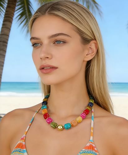BOMAIL 2PCS Chunky Acrylic Beaded Choker Necklaces for Women Boho Colorful Resin Bead Choker Necklaces Set Big Bead Necklace Fashion Trendy Summer Necklaces Jewelry - color: B:Gold Bead