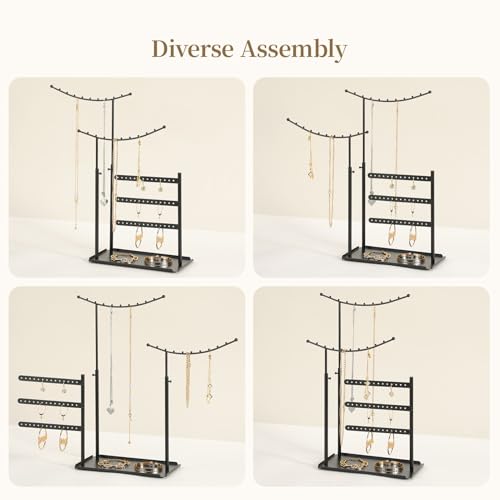 LAMU Jewelry Organizer, 5 Tier Jewelry Stand Display with Anti Entanglement Necklace Holder Tree, Height Adjustable Stroage for Earrings Rings Studs Bracelet, Valentines Day Gifts for Women, Black - color: Black