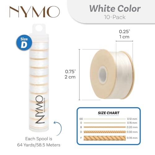 The Beadsmith Nymo Thread – 10-Pack White Color – Size D, 30mm Diameter, 64 Yard/58.5 Meter Spool – Made of Nylon – Bead Embroidery & Weaving, Off Loom & Loom Work and DIY Craft Projects - size: Size D, 64 Yards, style: White